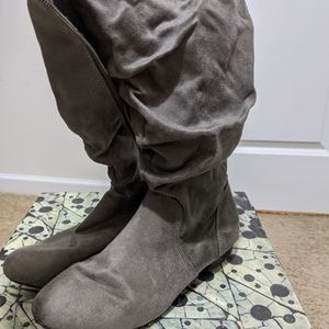 Gray knee high boots